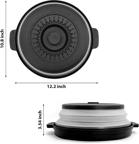 Vista 2 de Cubierta de alimentos para microondas con asa – Protector de salpicaduras de silicona plegable y ventilado con bandeja – Para microondas