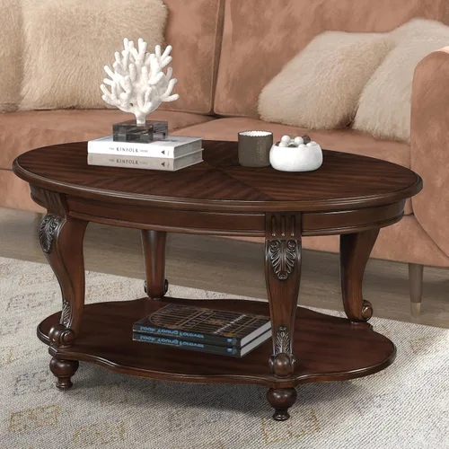 Vista 2 de Mesa de café ovalada de madera para sala de estar, mesa de café de dos niveles de madera maciza con estante de almacenamiento abierto, mesa