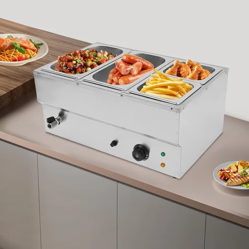 Vista 5 de Calentador de sopa de alimentos de 110 V, 4 sartenes, mesa de acero inoxidable de grado alimenticio, encimera comercial, cafetería de buffet