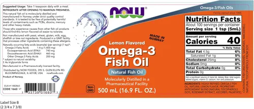 Vista 2 de NOW Suplementos, aceite de pescado líquido omega-3, destilado molecularmente, sabor a limón, 16.9 onzas