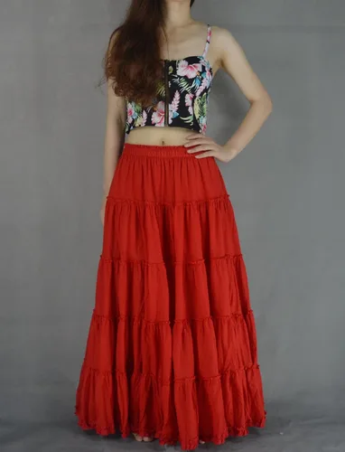 Vista 2 de Falda de mujer de algodón con 5 niveles, falda plisada de línea A larga bohemia, falda de baile gitana