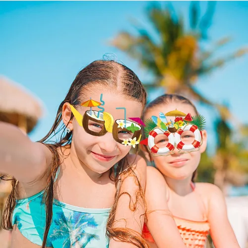 Vista 4 de OURUOLA Decoraciones hawaianas de verano para fiestas en la piscina, gafas de sol divertidas - 16pcs gafas tropicales Aloha flamingo, decoración