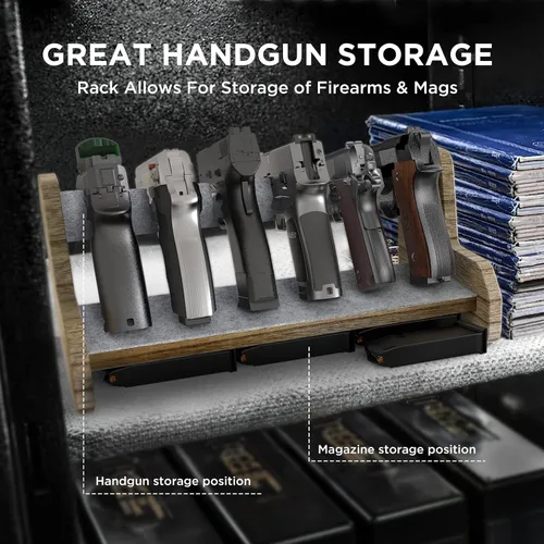 Vista 7 de Estante de madera para pistola seguro para armas, 6 ranuras para guardar accesorios seguros para armas, organización de revólver y soporte
