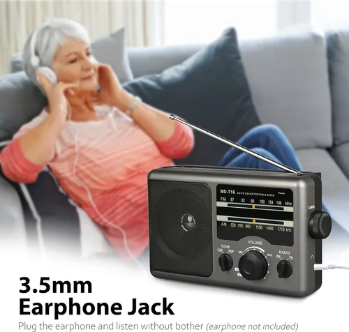 Vista 4 de Greadio Radio transistor de radio portátil AM FM con conector de auriculares de 0.138 in, modo de tono alto/bajo, altavoz grande, alimentación de CA