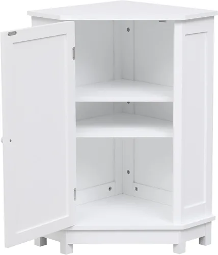 Vista 7 de Gabinete de almacenamiento de esquina para el hogar, gabinete de piso triangular para baño, gabinete de esquina independiente de madera con puerta