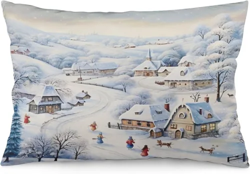 Vista 25 de Funda de almohada con escena de pueblo navideño con niños, fundas de almohada de 12 x 20 pulgadas, almohadas decorativas de Navidad para sofá, funda