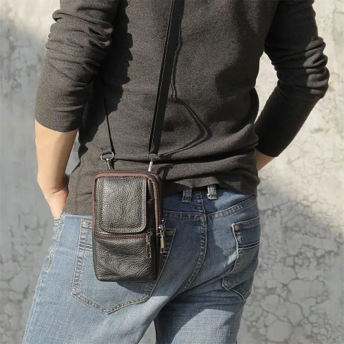 Vista 7 de Bolsa de hombro de cuero para hombre, bolsa de cintura para teléfono, bolsa de negocios con correa ajustable