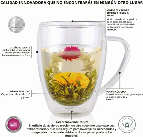 Vista 2 de Teabloom Vasos de doble pared, juego de 2 tazas de vidrio aisladas para té, café y más (12 onzas) - Colección Clear Bliss