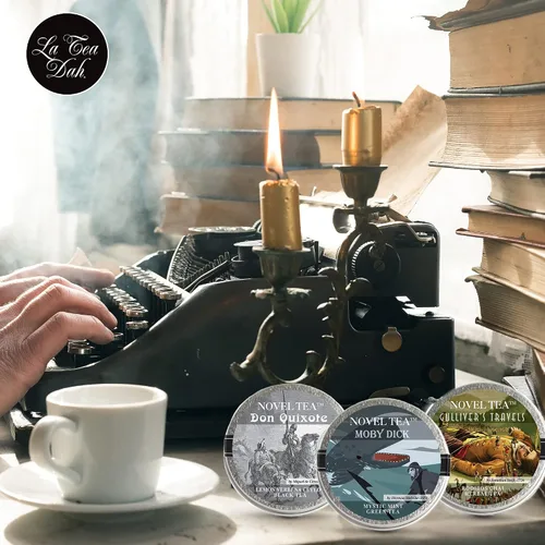 Vista 2 de Noveltea Cesta de regalo de té literario de La Tea Dah, 5 tés gourmet, agitador de miel y diario, regalos para escritores y lectores, juego