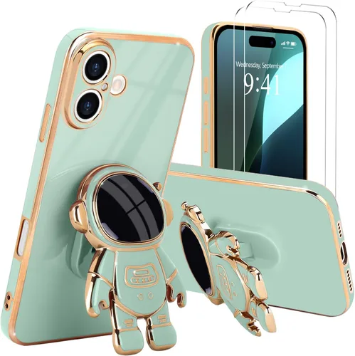 Vista 40 de Pepmune - Funda para iPhone 15 con soporte de astronauta 3D, color negro [2 Screen Protector], Luxury Electroplated Soft TPU Cover with Kickstand