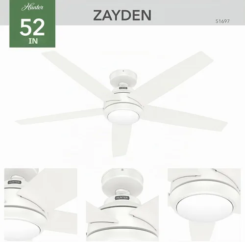 Vista 8 de Hunter 51697 - Ventilador de techo para interiores de 52 pulgadas con luz LED y control remoto, ventilador de techo blanco, montaje estándar, 5