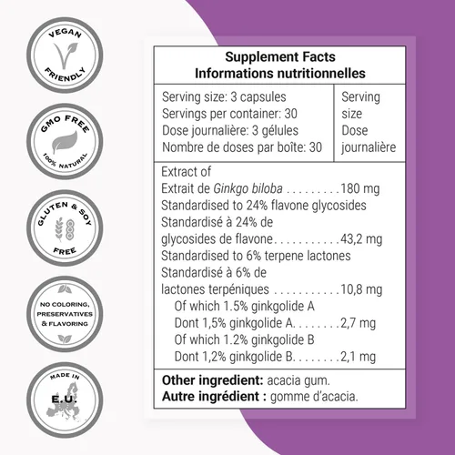 Vista 4 de Supersmart - Ginkgo Biloba 180 mg por porción - Extracto estandarizado al 24% de flavonglicósidos de ginkgo - Puede mejorar el rendimiento máximo