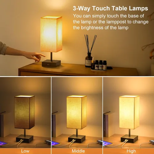 Vista 3 de Comzler Lámpara de mesa de noche con control táctil con USB A+ C Lámparas de mesita de noche Lámpara pequeña para dormitorio, regulable de 3 vías
