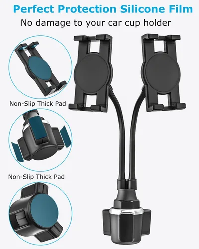 Vista 7 de Soporte doble para tablet de 4.7 a 12.9 pulgadas para teléfono y iPad, cuello de cisne doble para tablet, soporte para tablet de automóvil