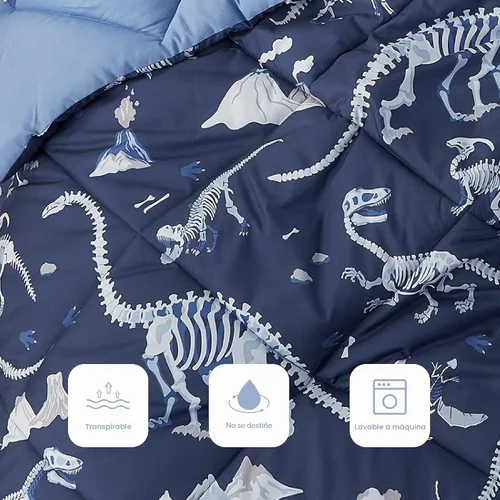 Vista 4 de PPOLCA Juego de edredón de dinosaurio azul tamaño individual para niños, ropa de cama de 5 piezas con sábanas y funda de almohada, súper suave