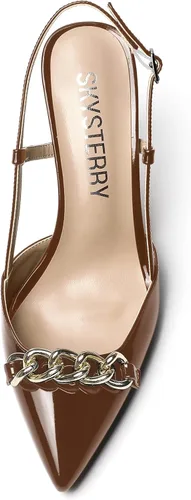 Vista 3 de SKYSTERRY Zapatos de tacón alto con punta puntiaguda casual de metal para mujer, con patente de patente de 3.3 pulgadas