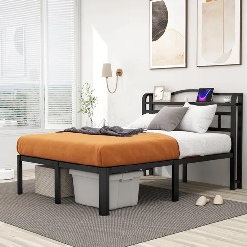 Vista 3 de Base de cama Queen con estación de carga y cabecero de 14 pulgadas, base de cama de metal grueso, base de colchón resistente, no necesita somier