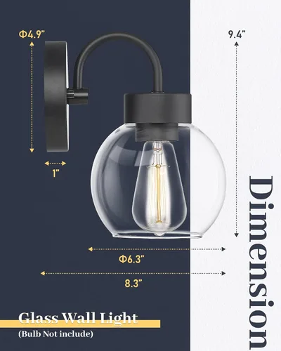Vista 5 de EAPUDUN WLA1433-MBK - Lámpara de baño de 1 luz negra mate sobre espejo, luces de tocador con 1 globo de vidrio transparente, apliques de pared
