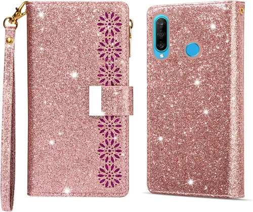 Vista 5 de Funda de teléfono para Huawei P30 Lite/Nova 4E con protector de pantalla de vidrio templado y correa para la muñeca Bling Glitter Flip Zipper