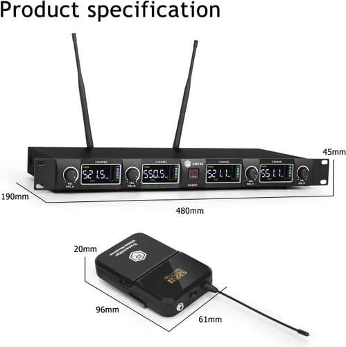 Vista 12 de W IN-MIX Sistema de micrófono inalámbrico UHF de 4 canales con auriculares
