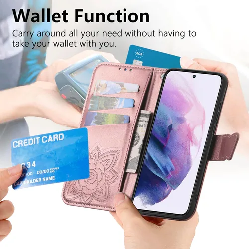 Vista 4 de DiGPlus - Funda tipo cartera para Galaxy S22 5G, con estampado de mariposas y flores, de piel sintética, con ranuras para tarjetas y función atril