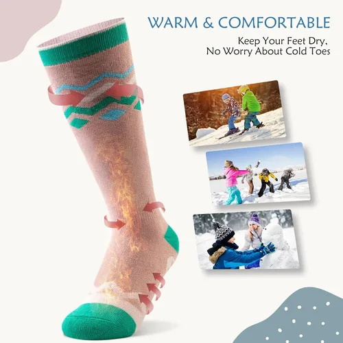 Vista 5 de OutdoorMaster Calcetines de esquí para niños, paquete de 2 pares de calcetines de snowboard para niños y niñas, diseño sobre la pantorrilla con puño