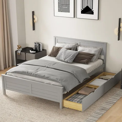 Vista 12 de KOMFOTT Marco de Cama de Madera Tamaño Twin con 2 Cajones de Almacenamiento, Marco de Cama de Plataforma de Mediados de Siglo con Cabecero, Soporte