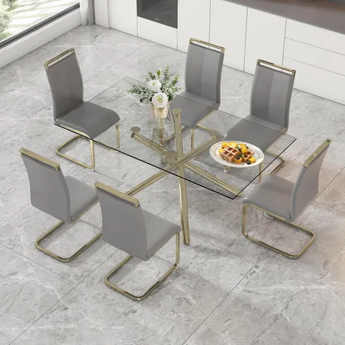 Vista 41 de Juego de 6 mesas de comedor de cristal, moderno juego de mesa de comedor de vidrio templado rectangular transparente de 71 pulgadas y 6 sillas