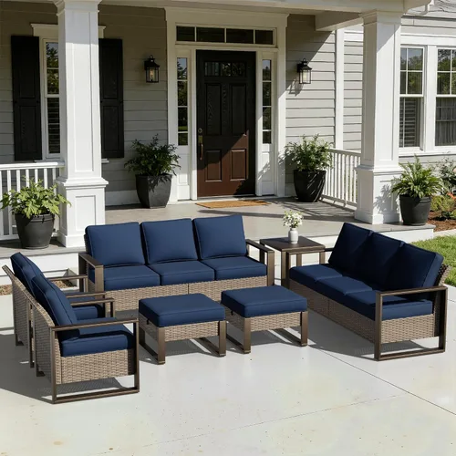 Vista 40 de Joyside - Sofá de mimbre para patio al aire libre, sofá de ratán de 3 plazas con cojines gruesos de olefina y reposabrazos rectangular con marco