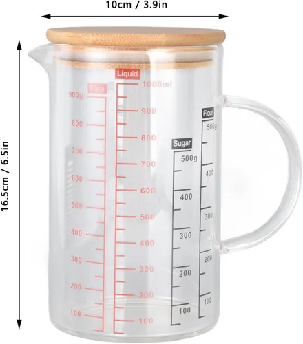 Vista 2 de Vaso medidor de vidrio, con boquilla en forma de V, con mango aislante, tazas medidoras de líquidos con tapa, para el hogar, uso en restaurantes