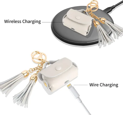 Vista 4 de MODOS LOGICOS Funda De Carga De Cuero Genuino Para Apple AirPods Pro - Beige Con Borlas