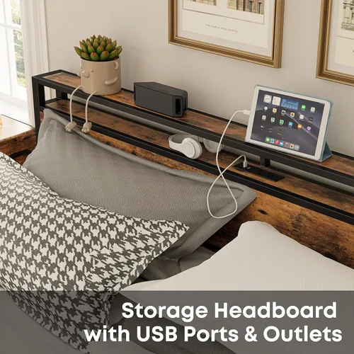Vista 3 de LIKIMIO Marco de cama King con cabecera de almacenamiento, cama de plataforma con cajones y estación de carga, no necesita somier, fácil montaje