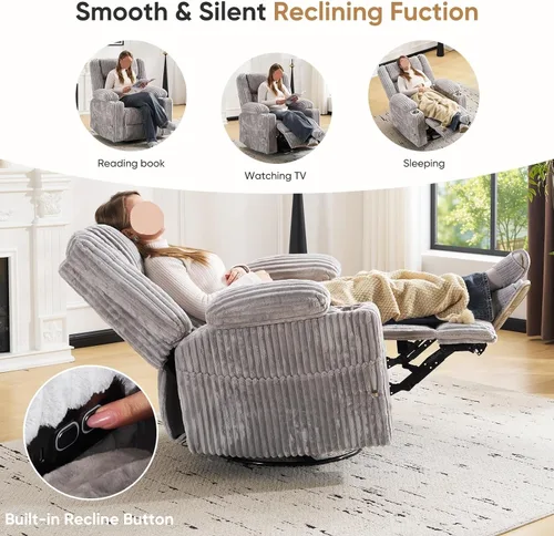 Vista 3 de Oversized Power Recliner Chair with Massage and Heat Swivel Rocker Recliners Chairs with Arm Storage Adjustable Headrest Side Pockets for Home