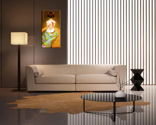 Vista 2 de ZOMNAI Arte de pared de mujer japonesa, pintura de estilo asiático, fondo amarillo, decoración de pared, tatuaje de peces en la parte posterior