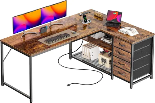 Vista 12 de PRAISUN Escritorio pequeño para computadora de 43.3 pulgadas con tomas de corriente y puerto USB-C, escritorio esquinero reversible en forma de L