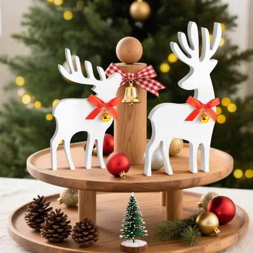Vista 2 de Decoración navideña de reno de madera – 2 piezas de decoración navideña de ciervo de madera con lazos y campanas, decoraciones navideñas de granja