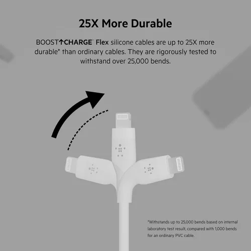Vista 4 de Belkin BoostCharge Flex Cable USB-C a Lightning de silicona (3.3 ft/3.3 pies), cable de carga certificado MFi para la serie de iPhone con clip