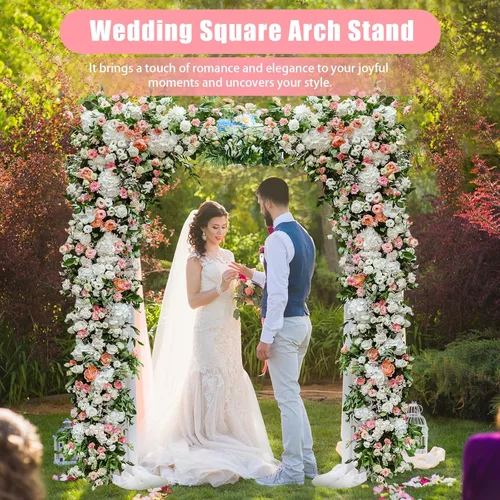 Vista 2 de Arco cuadrado decorativo de boda de 3.7 ft x 5.9 ft con bases, soporte de fondo de cabina de fotos de metal de doble tubo dorado para boda