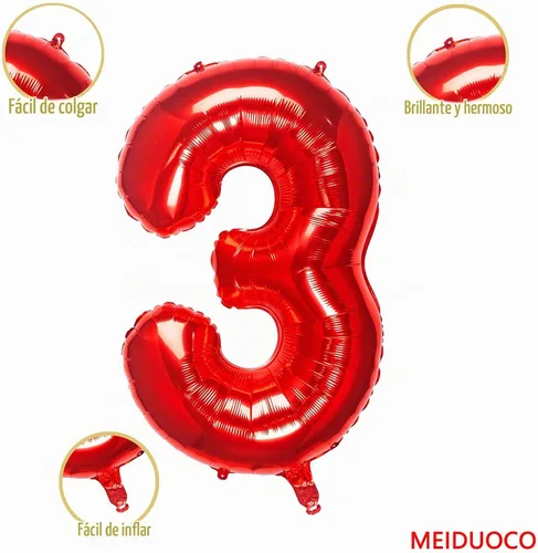 Vista 2 de Globos rojos de 32 pulgadas con el número 3 de aluminio, suministros de decoración de fiesta de cumpleaños (globo rojo del número 3)