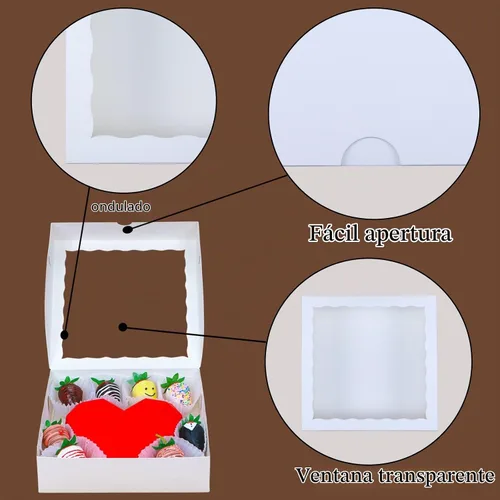 Vista 5 de RomanticBaking 14 cajas de panadería de 9 x 9 x 2.5 pulgadas con ventana para pastel, corazón quebradizo, fresas cubiertas de chocolate, galletas