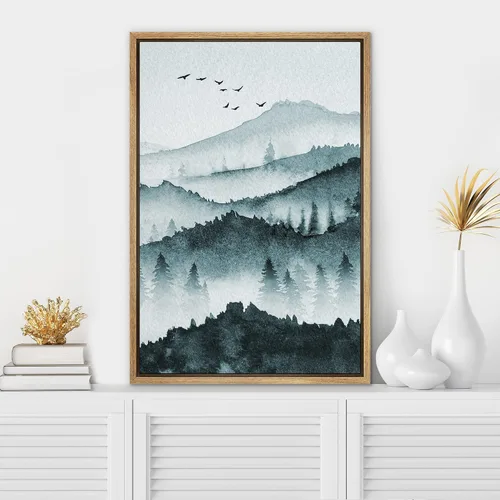 Vista 2 de SIGNWIN Lienzo enmarcado para pared, decoración de guardería de bosques, pájaros voladores, acuarela, montaña, bosque, naturaleza, arte moderno