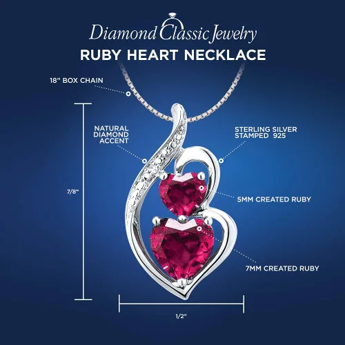 Vista 3 de Collar de corazón de rubí creado en laboratorio con acento de diamantes con cadena de 18 pulgadas