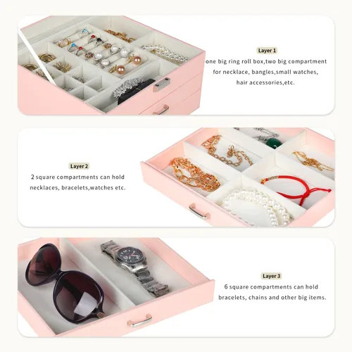 Vista 5 de DQUTAR Joyero con tapa de cristal caja organizadora de joyas de piel sintética de 3 capas con 2 cajones joyero para mujeres y niñas caja de joyería