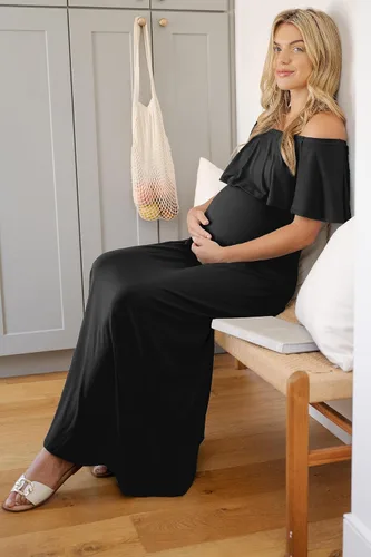 Vista 2 de Vestido de maternidad con hombros descubiertos, vestido largo para mujeres embarazadas, para fiestas de recién nacidos, o sesiones de fotos