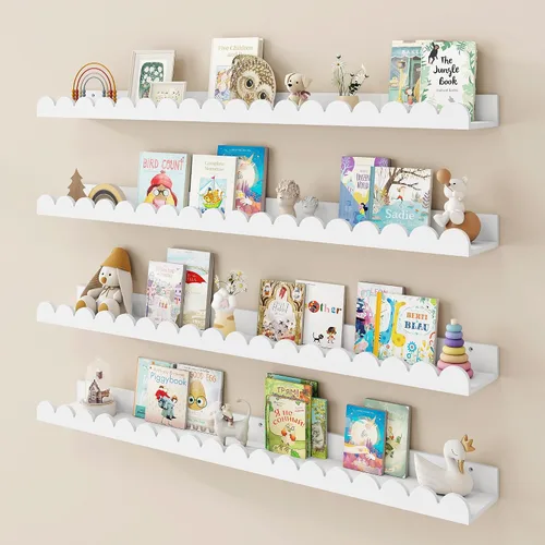 Vista 19 de Fun Memories Juego de 2 estantes flotantes de madera de pino de 24 pulgadas, estantes para libros de guardería, estantes para libros de fotos