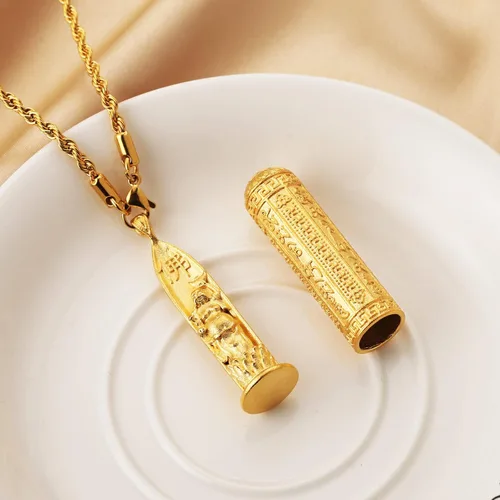 Vista 5 de HZMAN Colgante de budismo tibetano chapado en oro de 14 quilates para hombres y mujeres, collar de amuleto de Buda riendo, Latón, No es una piedra