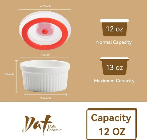 Vista 10 de Dafuceramic Ramequines con tapas, 12 onzas, color blanco, creme Brulee, moldes de cerámica aptos para horno, juego de 6 natillas de porcelana