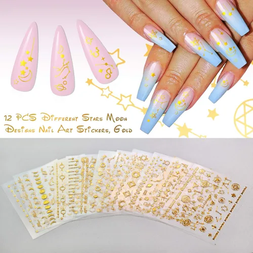 Vista 4 de KISSBUTY 24 calcomanías para arte de uñas de universo, flores doradas, estrellas, constelación de luna