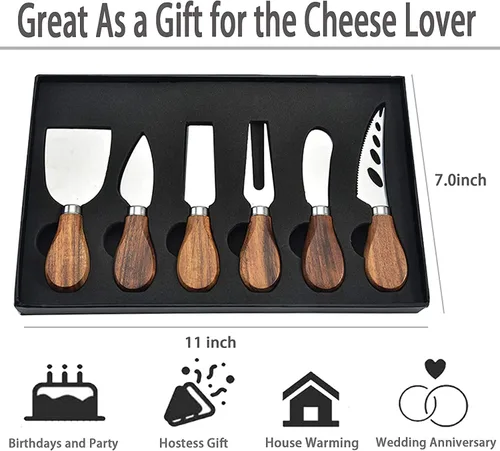 Vista 9 de Cuchillos de queso con cortador de queso, tenedor de queso, cuchillo para untar queso para tablas de embutidos y cubiertos, juego de 6 cuchillos