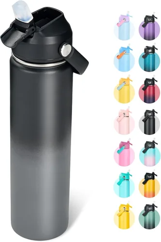 Vista 33 de Fijinhom Botella de agua aislada de acero inoxidable de 18 oz, de boca ancha, de doble pared, con vacío, con pajita de silicona, a prueba de sudor